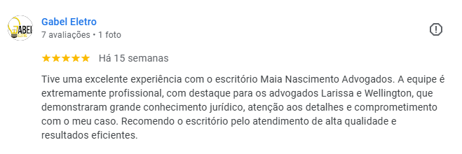 Avaliação cinco estrelas recebida de Gabel Eletro